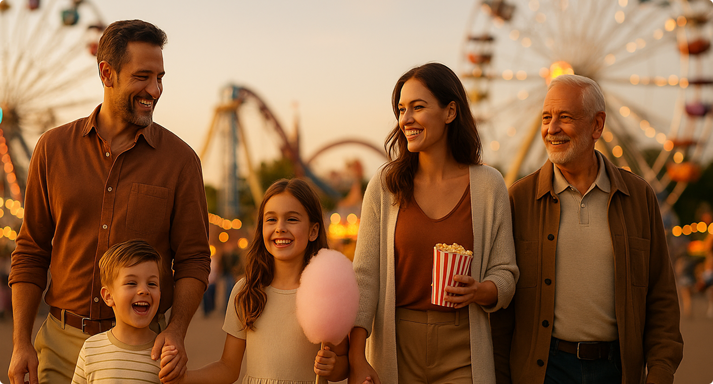 Família feliz - pai, mãe, filhos e avô em ambiente festivo com luzes ao fundo